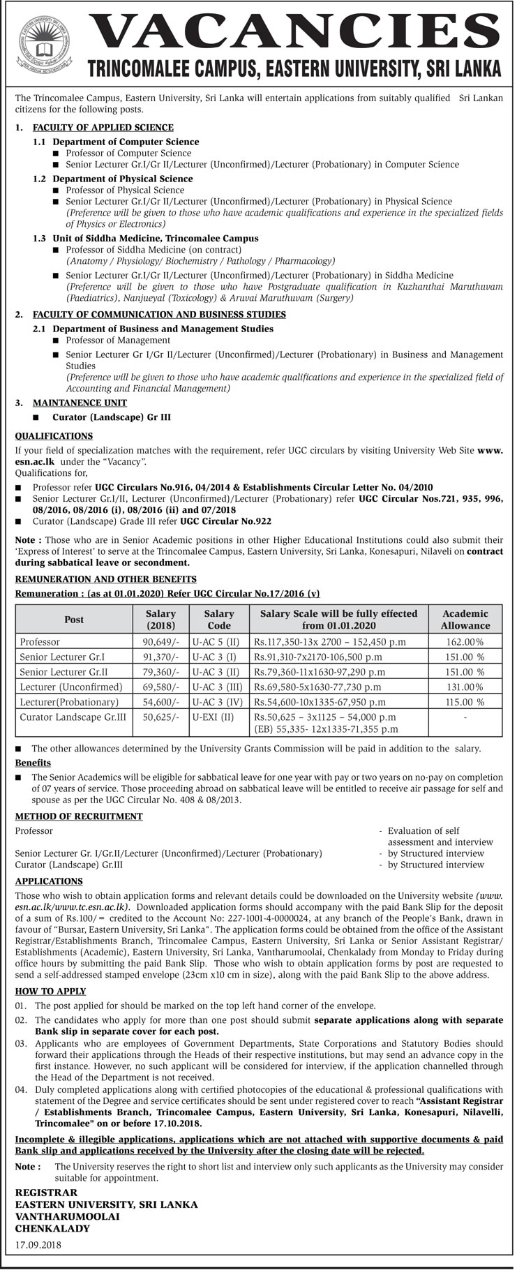 Professor, Senior Lecturer, Lecturer, Curator Landscape - Trincomalee Campus - Eastern University